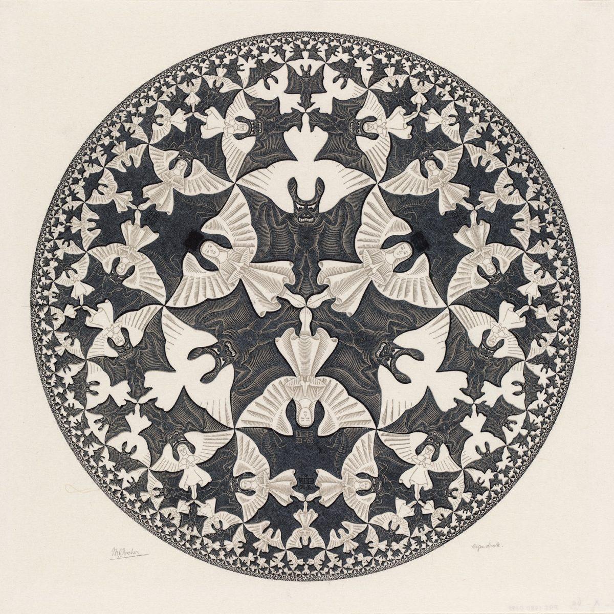 Black devils and pale angels interlock inside a circular disk, becoming smaller towards its edge.