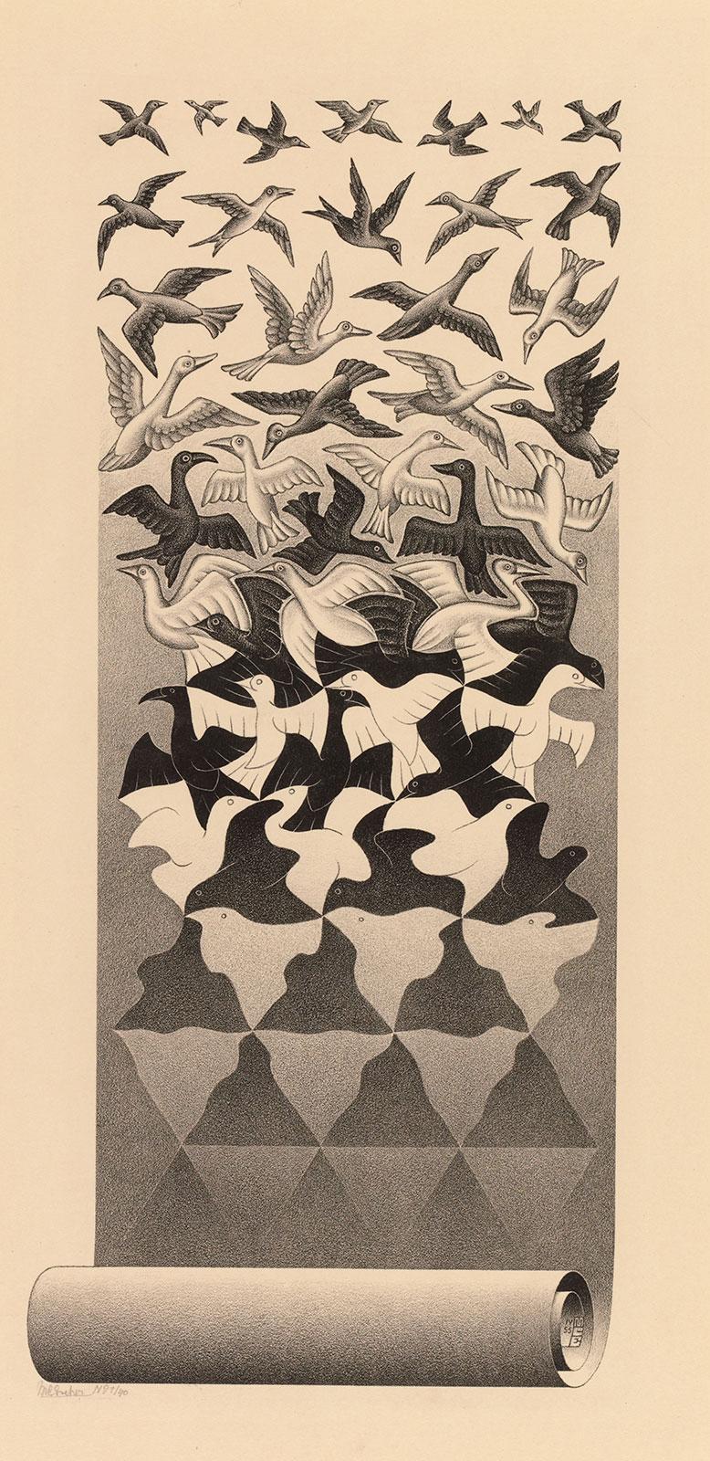 A vertical scroll unfolds from geometric shapes at the bottom into birds flying freely in different directions above.